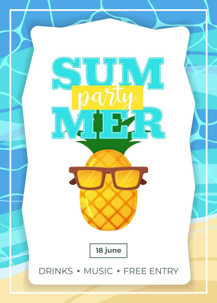 Summer Party Poster with pineapple in glasses. Banner template. Vector. vector