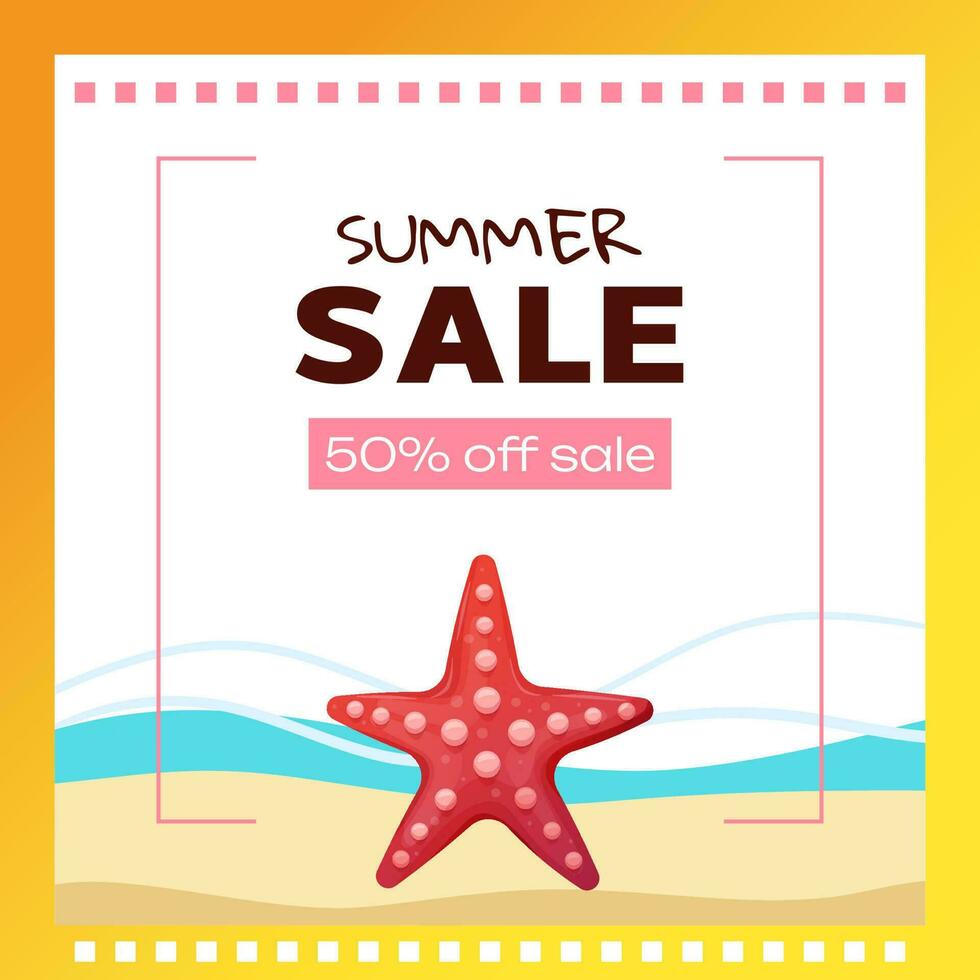 Creative summer sale banner in trendy colors with beach and discount text. Season promotion. Vector template square shape.