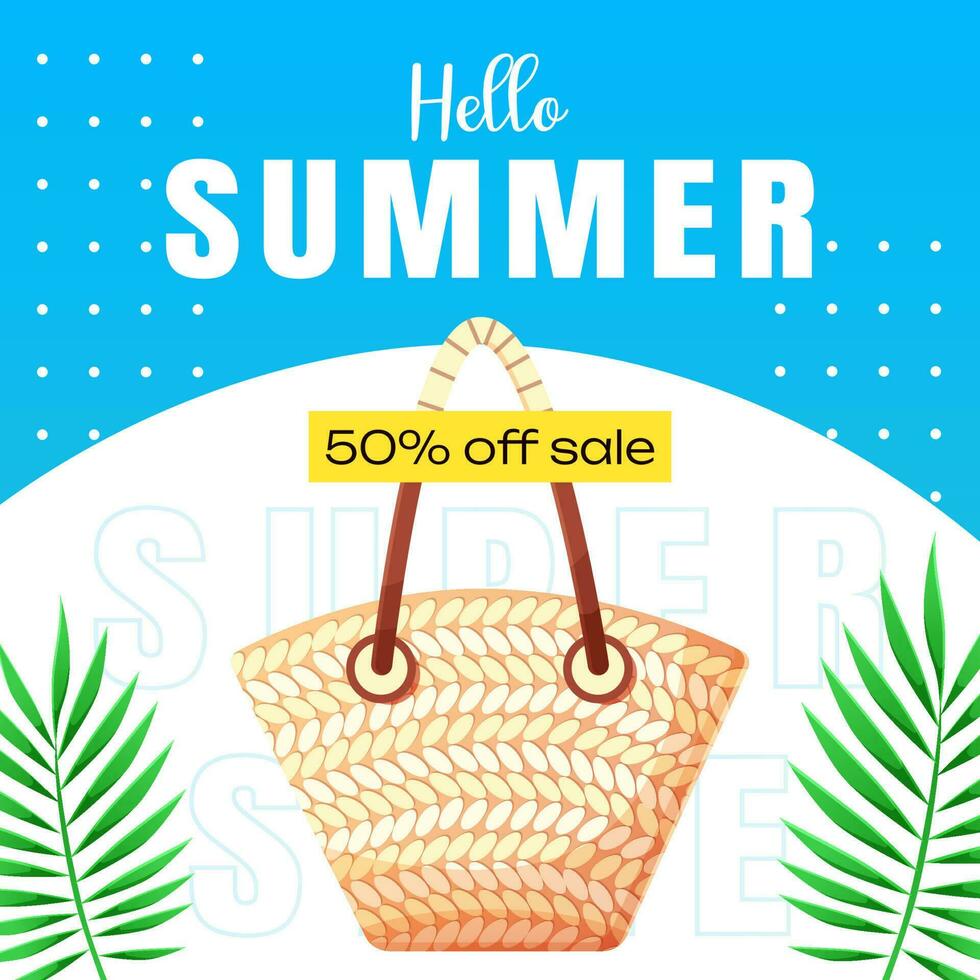 Creative summer sale banner in trendy colors with beach accessories and discount text. Season promotion. Vector template square shape.
