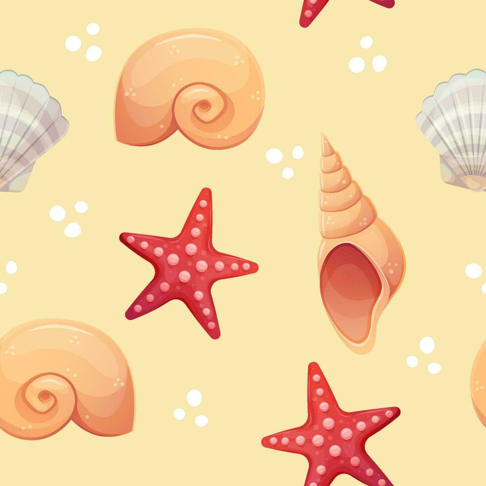 Colorful seamless summer pattern with shells and sea stars. Fashion design, vector illustration
