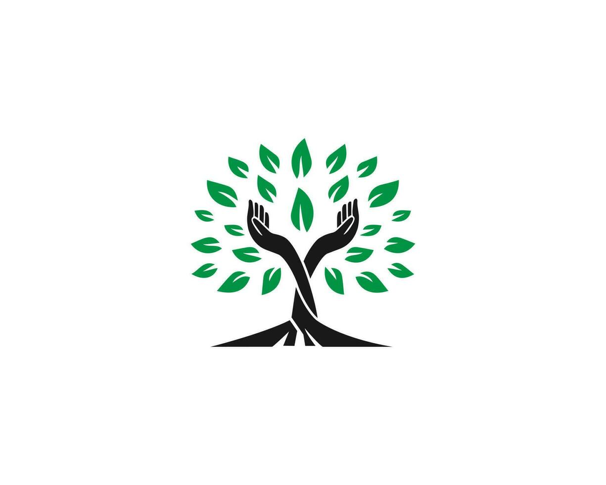 Nature Hands Tree Logo Illustration Design. Human Hands And Tree With Green Leaves. vector