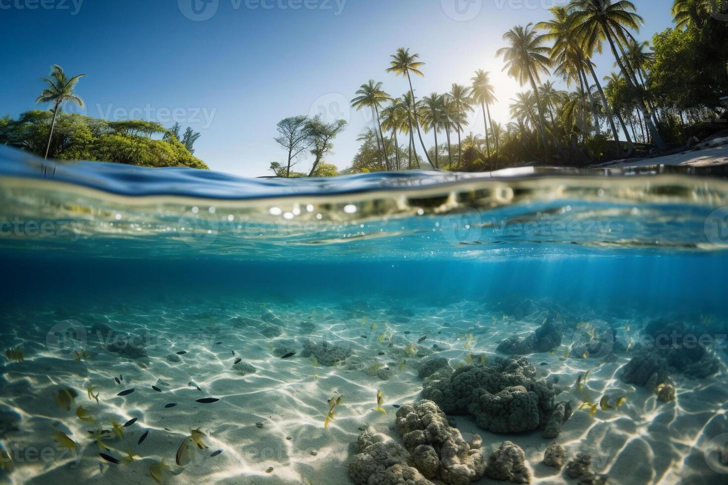 Photograph of beautiful inviting beach scene with blue sky. photo