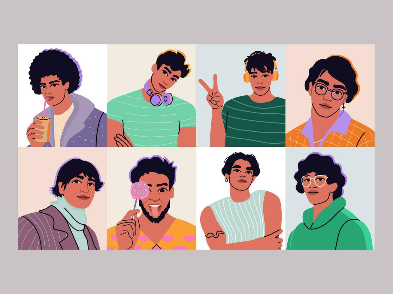Set of square avatars for social media. Male portraits, diverse group of men. vector