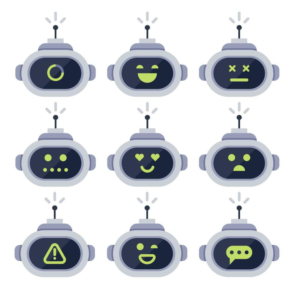 Chatbot avatar. Computer chat bots, android robot facial expressions and robotic cyborg head. Robots logo or bot vector icon set