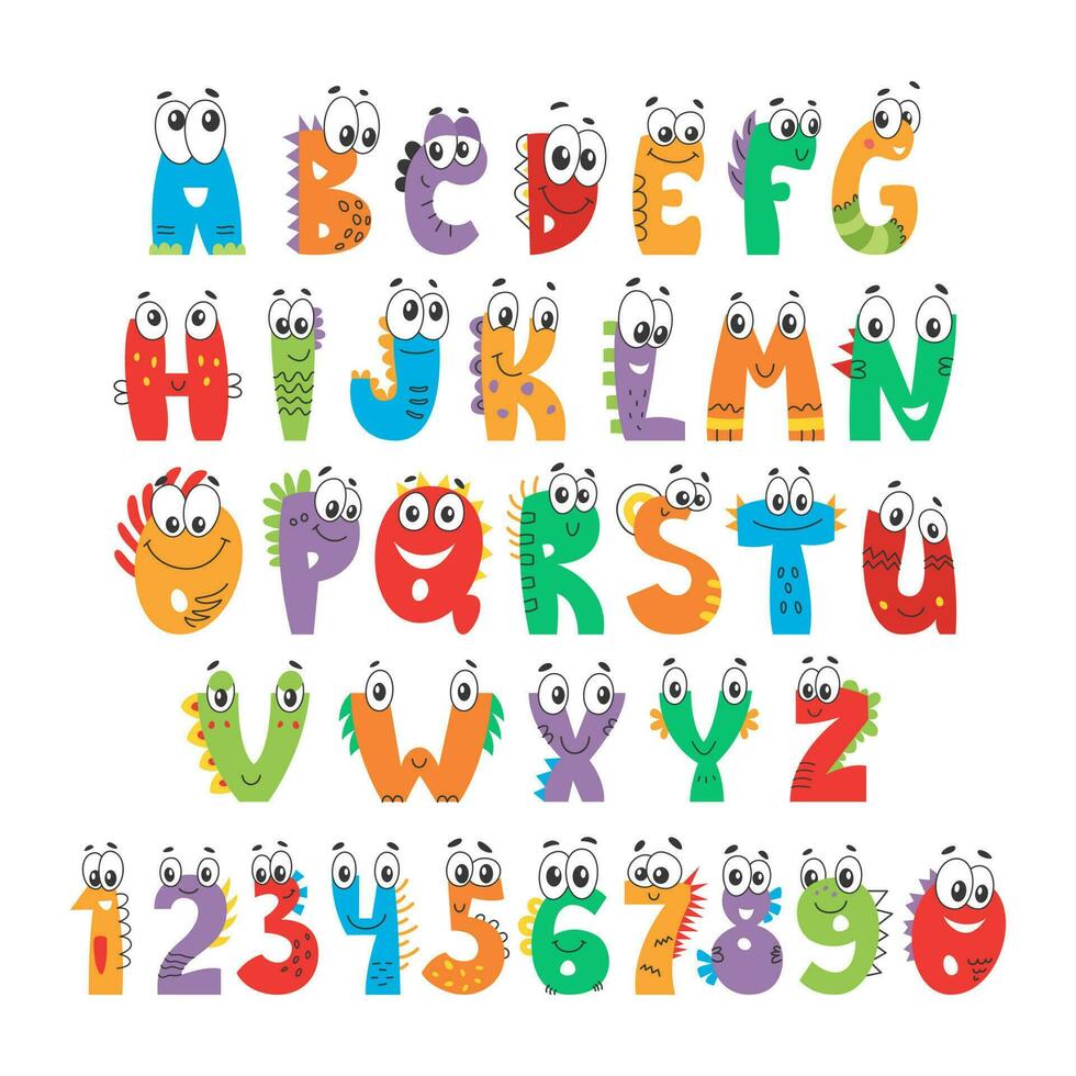 Vector cartoon dino font with eyes.
