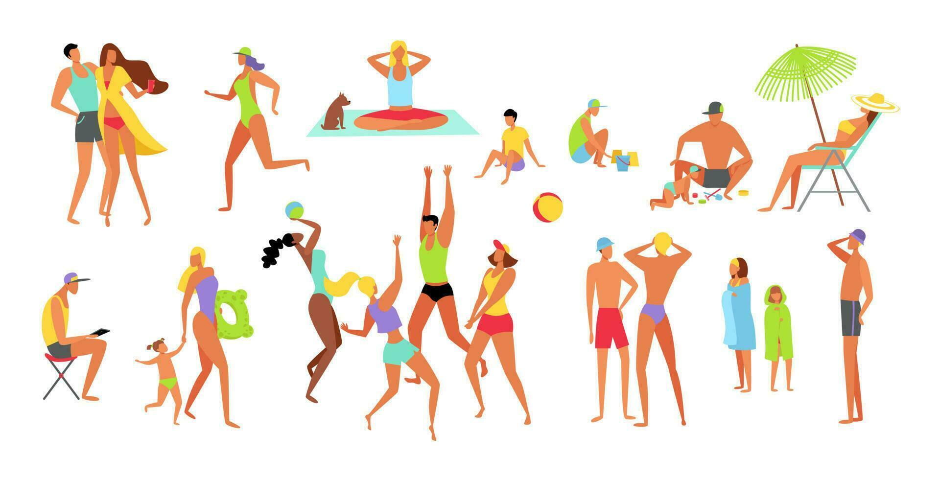 Summer people set on the beach. People and children in different positions and situations. Games, yoga, relaxation on the beach. Flat design illustration. vector