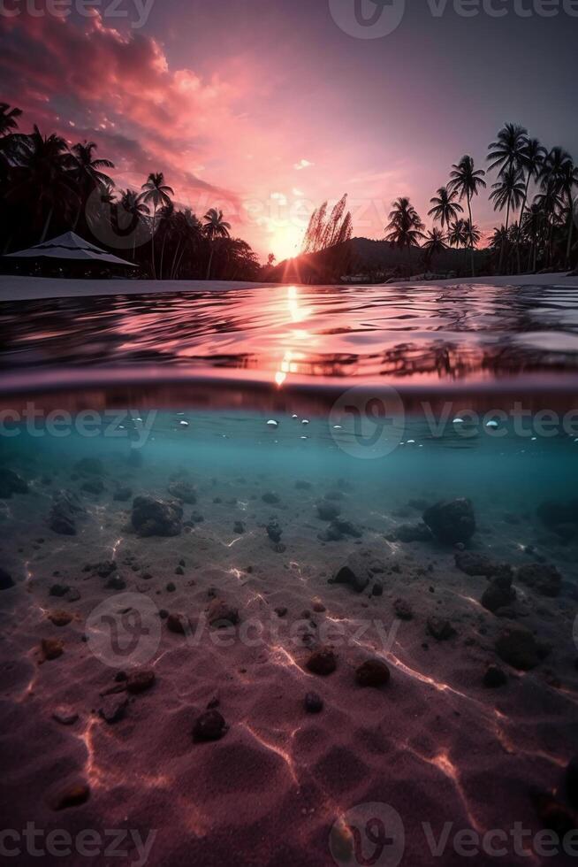Photograph of beautiful inviting beach scene with pink sunset sky. photo