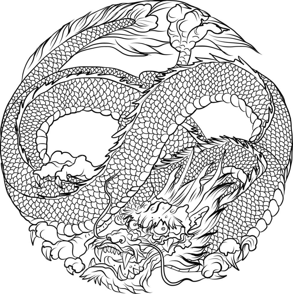 dragon in circle tattoo.infinity chinese dragon.Traditional Japanese dragon isolate on white background. vector