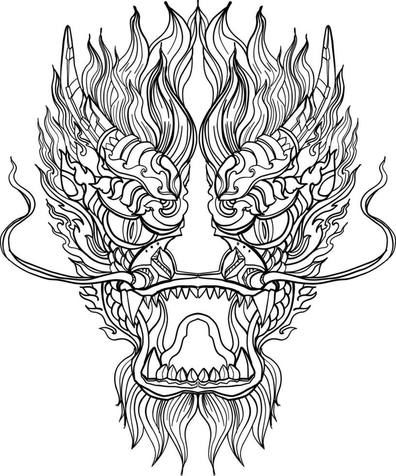 Hand drawn Face Dragon and Thai line art. Isolate on white and illustration dragon.dragon symbols, various geometric shapes. vector
