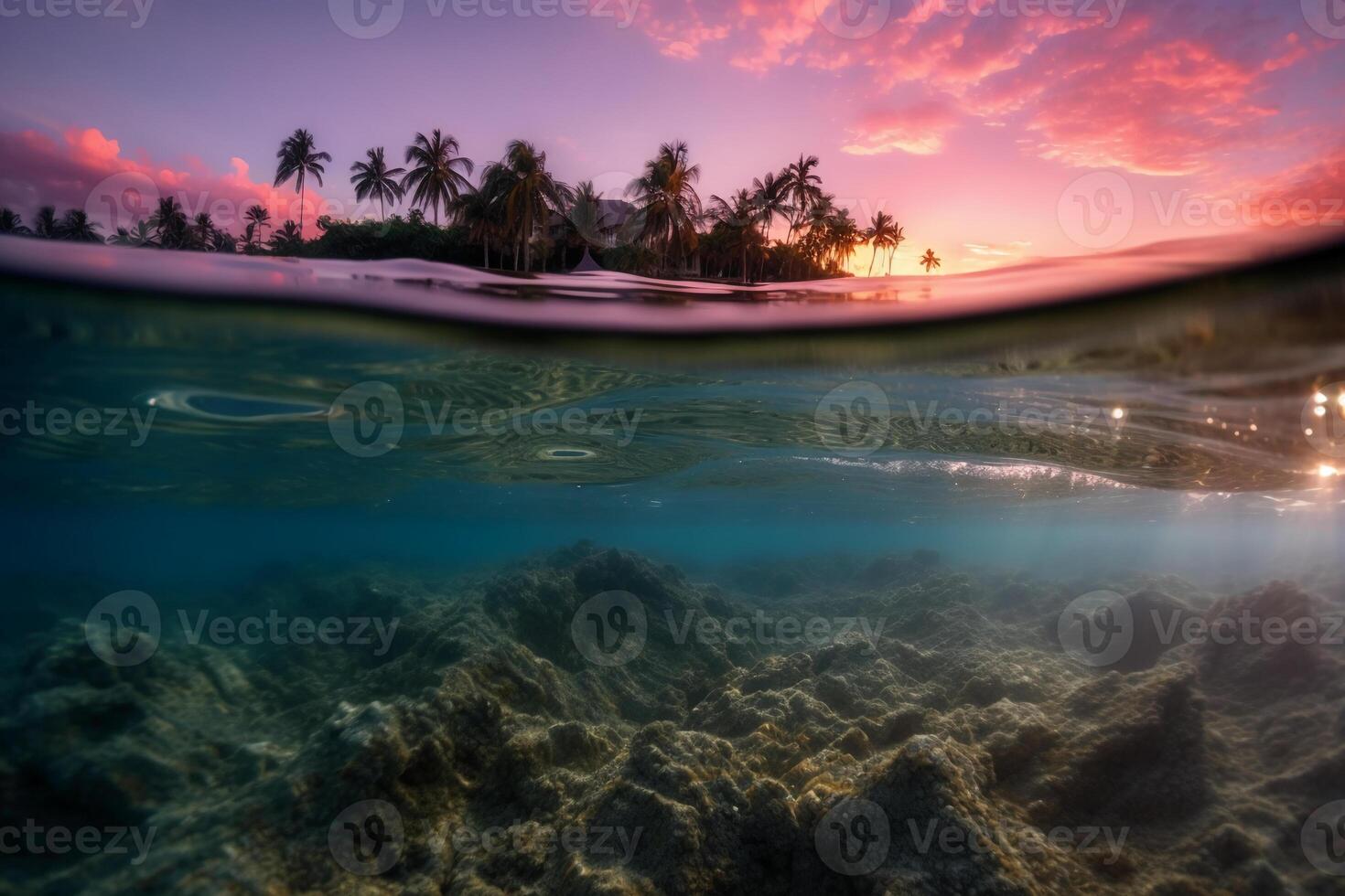 Photograph of beautiful inviting beach scene with pink sunset sky. photo