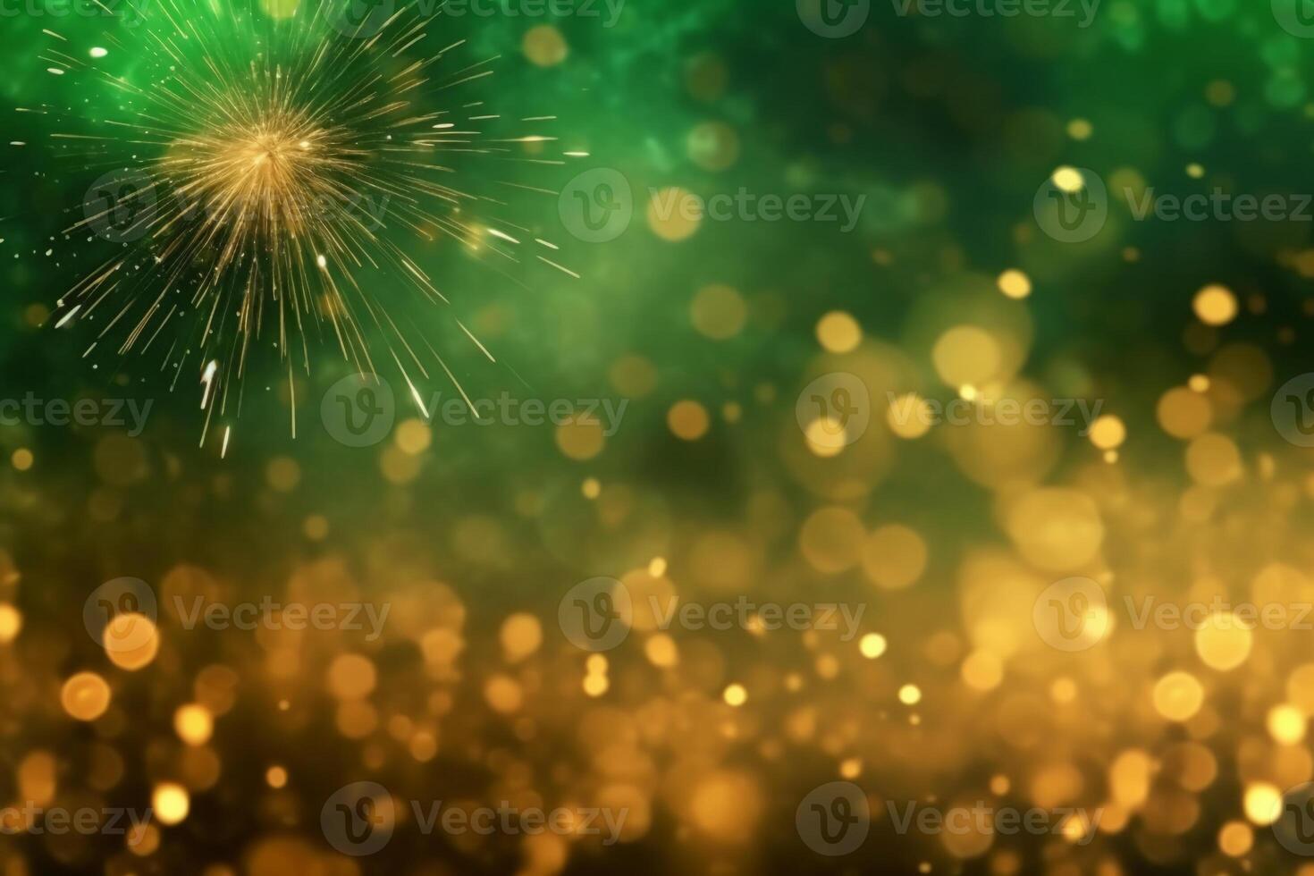 Gold and green Fireworks and bokeh in New Year eve and copy space. Abstract background holiday. photo