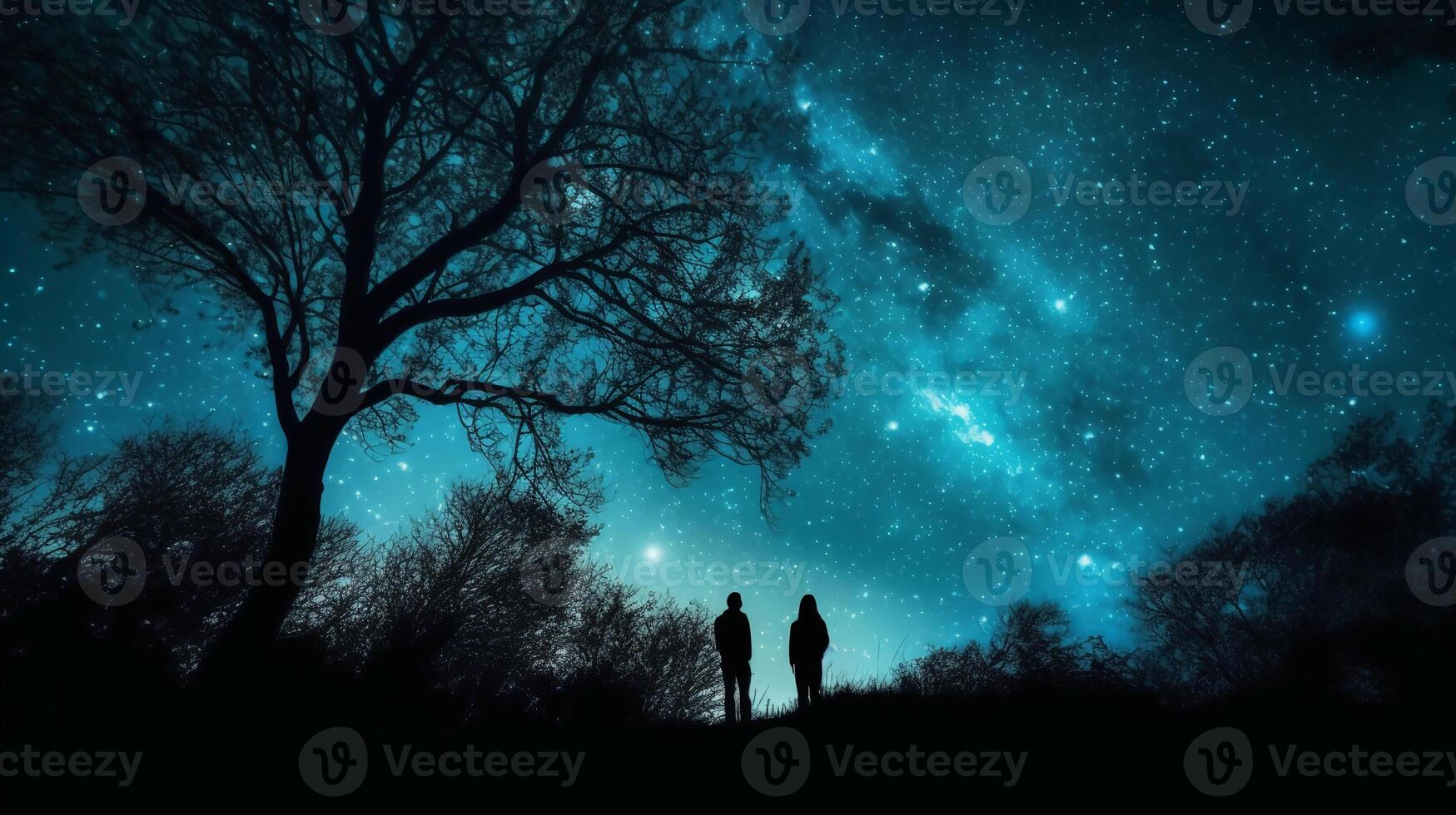 Silhouettes of two stargazing woman saying goodby, surrounded by trees and the contour of london city in the background. photo