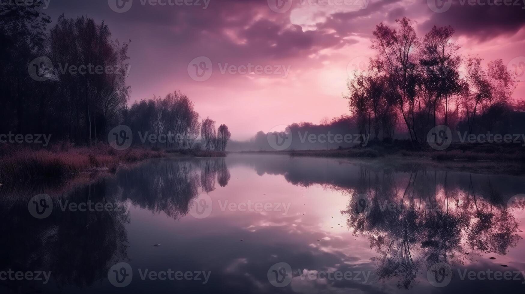 un escena en cuales el todo púrpura cielo es reflejado en el agua. ai generativo foto