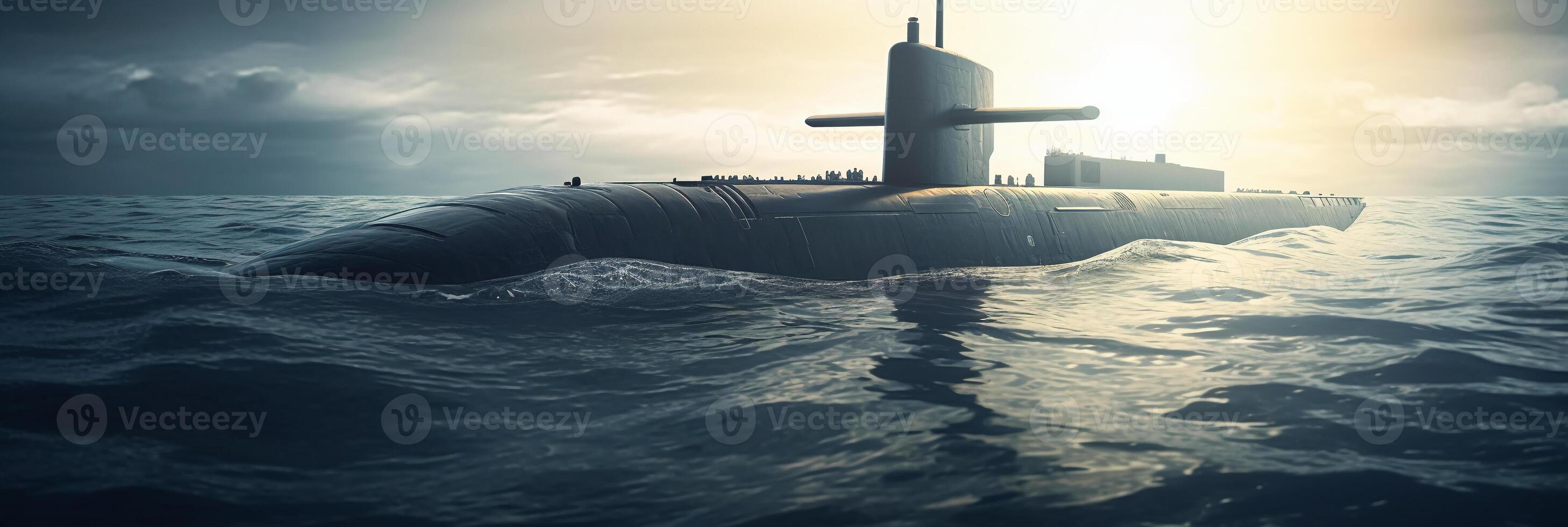 Generic military nuclear submarine floating in the middle of the ocean. photo