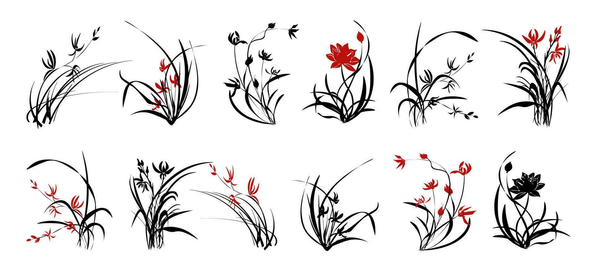 A Set Of Bamboo Branches With A Bamboo Silhouette. A blade of grass, a branch, plants of Asia. vector