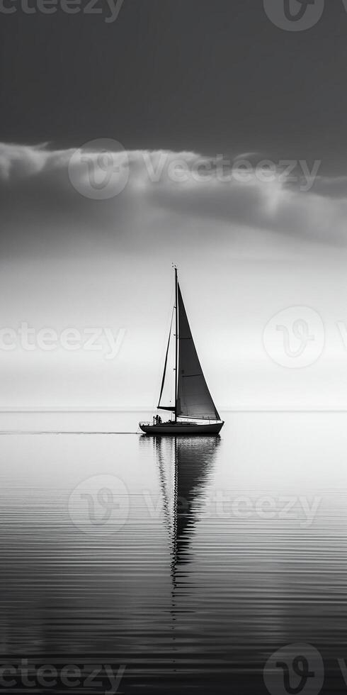 white image of a lone sailboat on a calm sea, photo