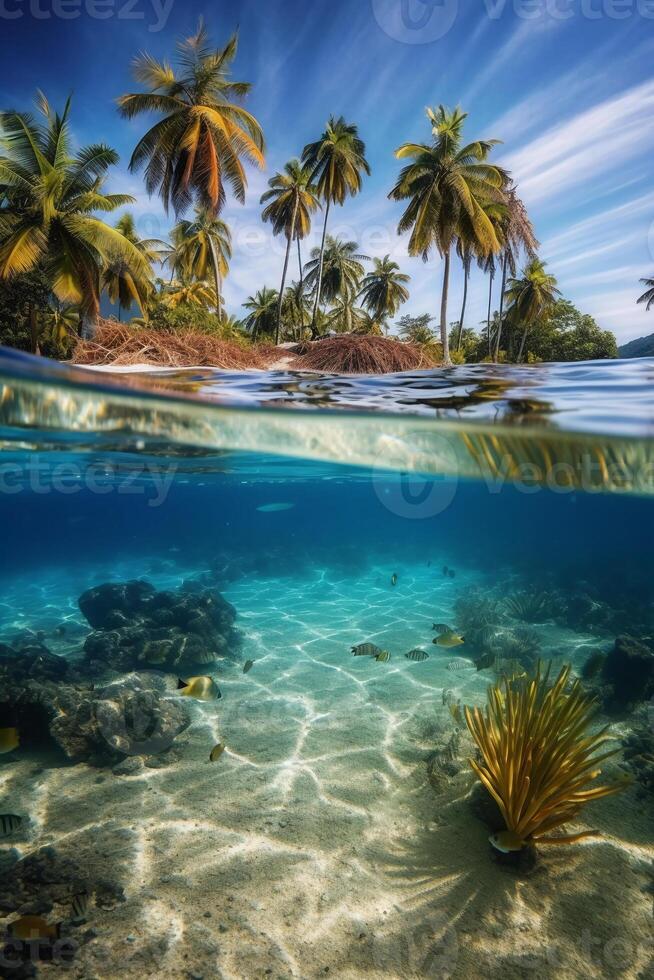Photograph of beautiful inviting beach scene with blue sky. photo