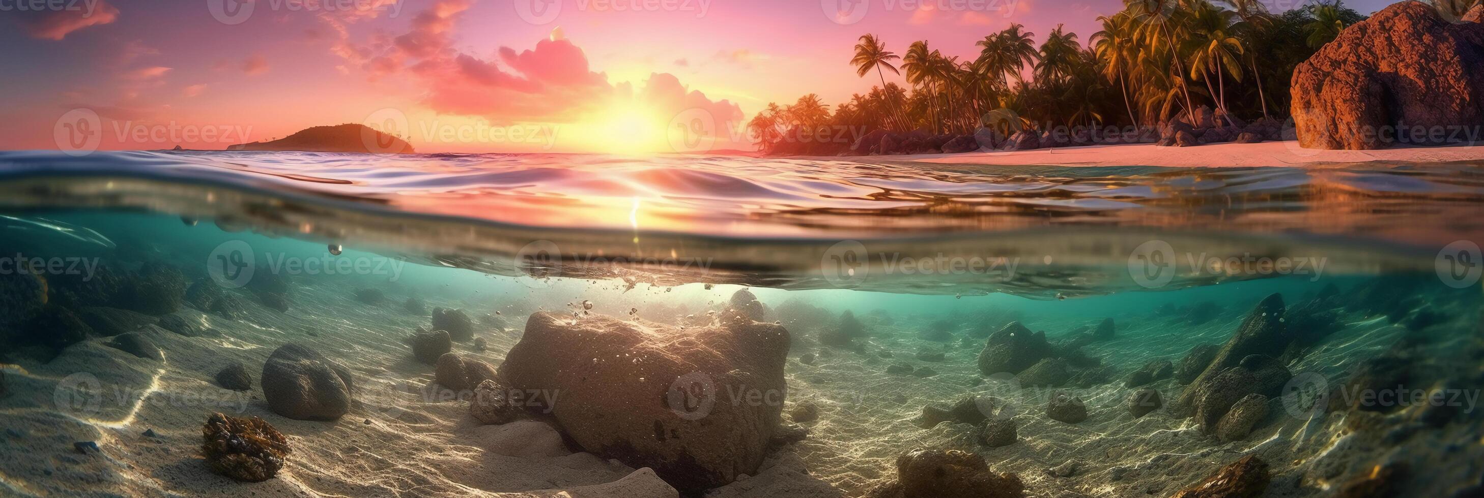 Photograph of beautiful inviting beach scene with pink sunset sky. photo