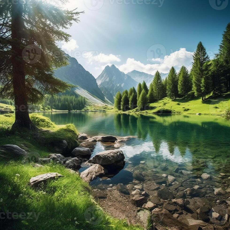 Lake with mountains and trees. photo