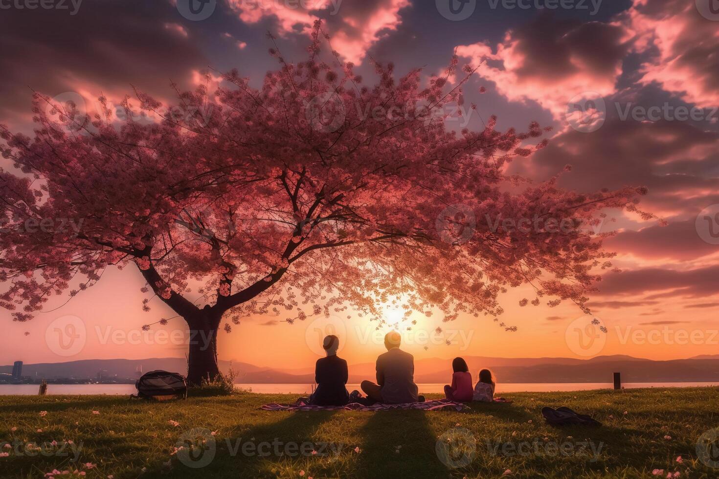 the silhouette of a family enjoying a picnic under a cherry blossom tree in sunset sky. photo