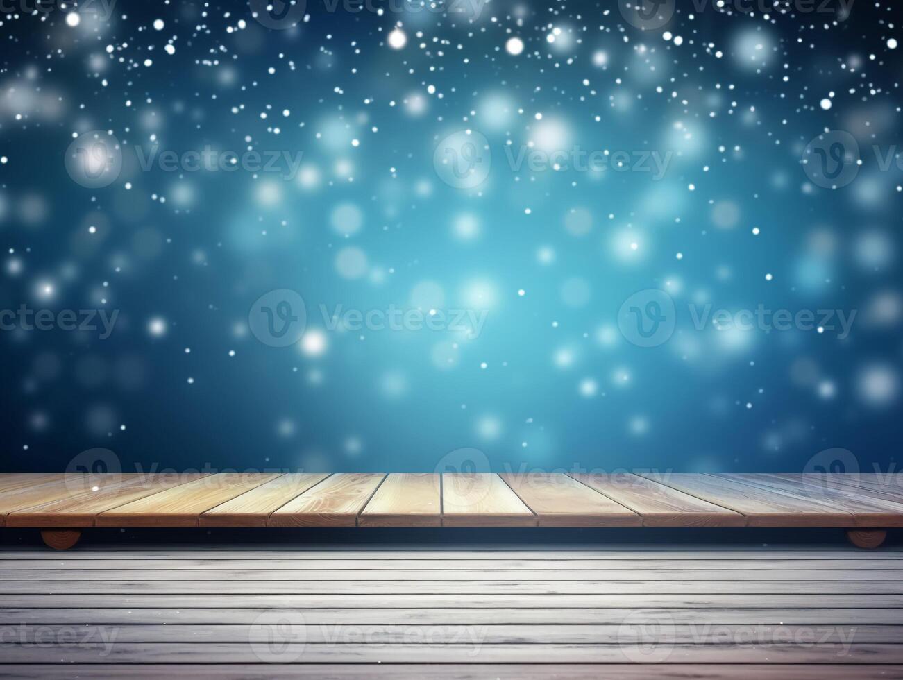 Winter snowy stage background with wooden flooring and Christmas lights on blue background, banner format, copy space. photo