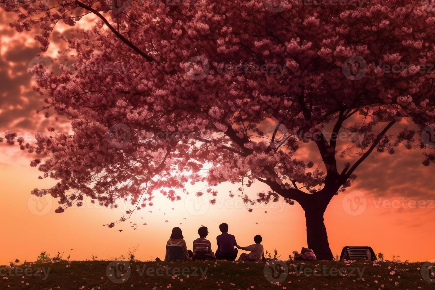 the silhouette of a family enjoying a picnic under a cherry blossom tree in sunset sky. photo