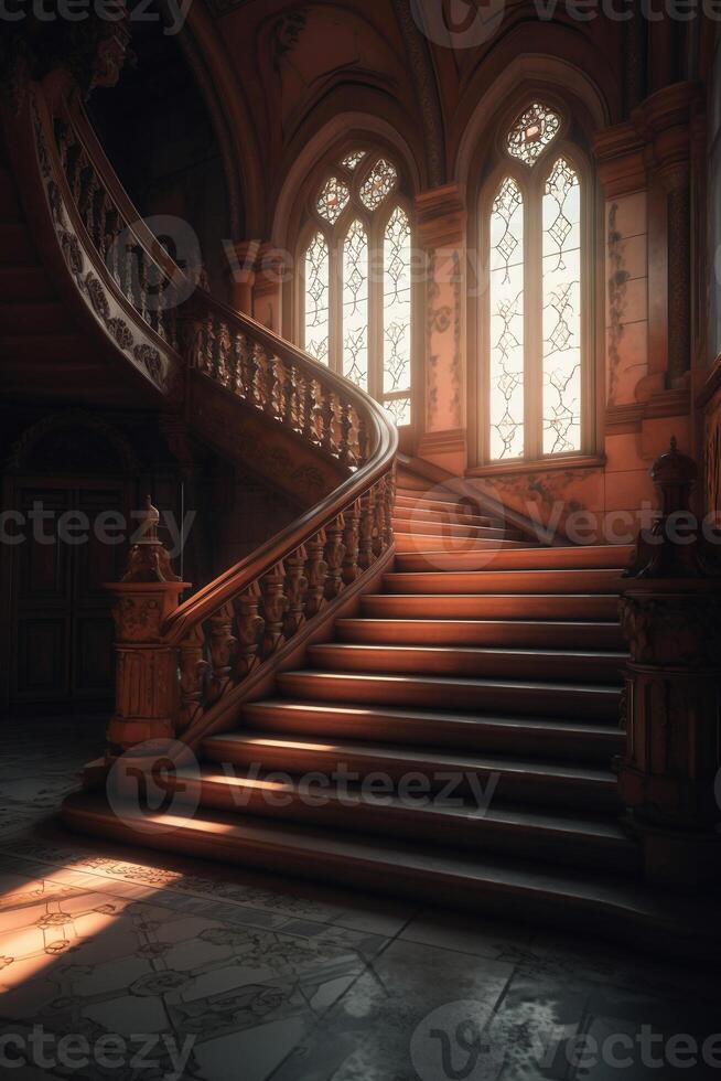 Castle staircase backdrop, luxury, interior design. photo