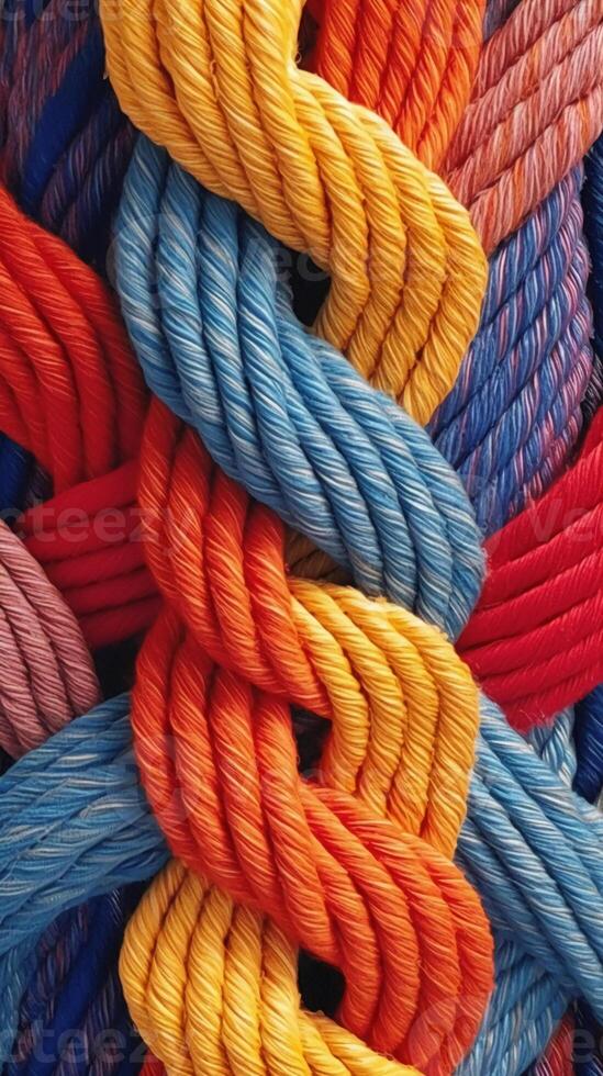 A pattern of multicoloured ropes and twines twisted. photo