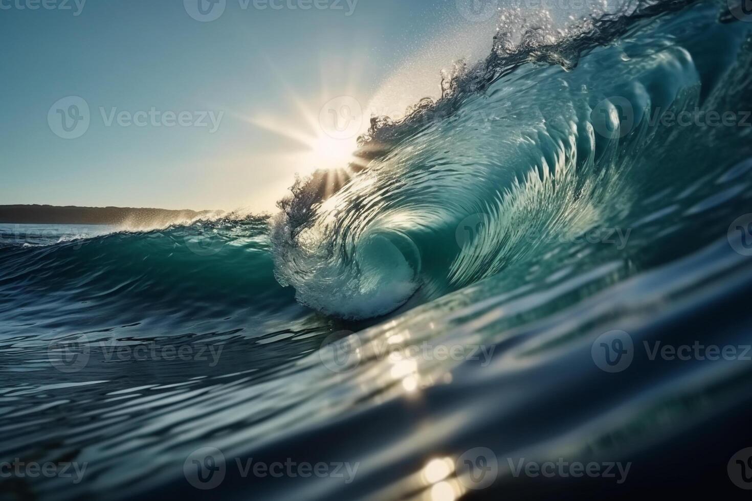 Tropical blue surfing wave. Sunshine in the wave barrel. No people. Beautiful deep blue tube wave in the Ocean. photo