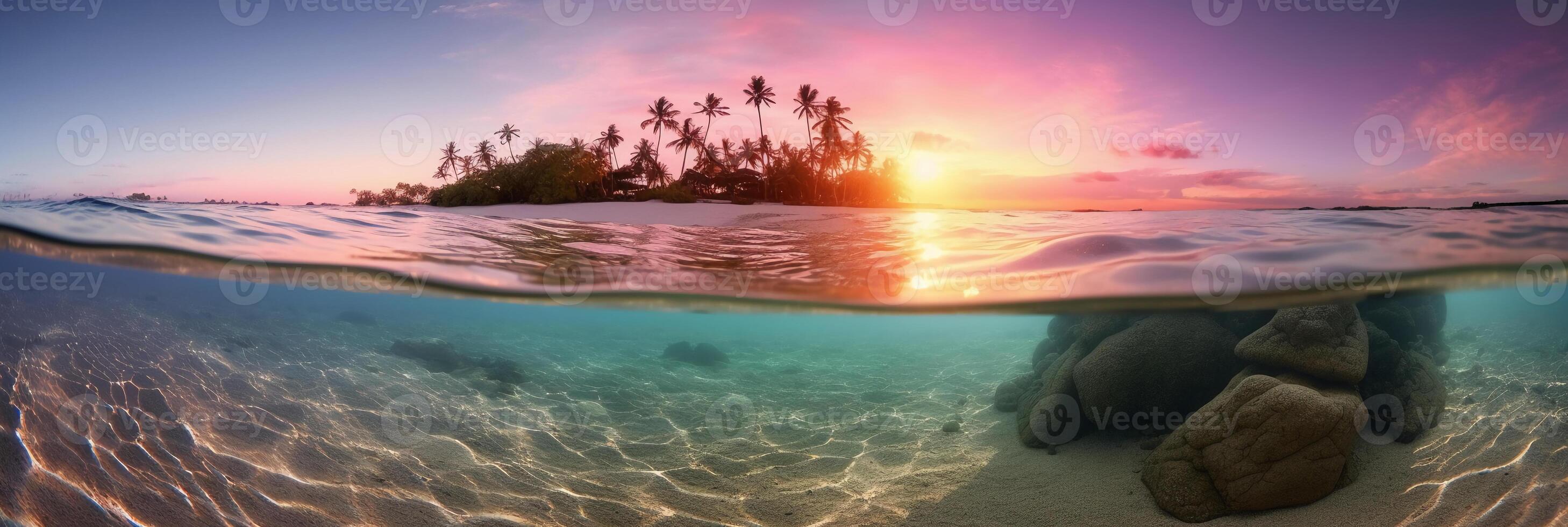 Photograph of beautiful inviting beach scene with pink sunset sky. photo