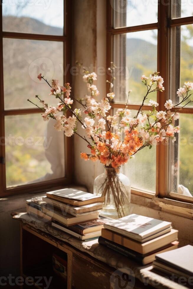 A photo of photobooks next to a big window.