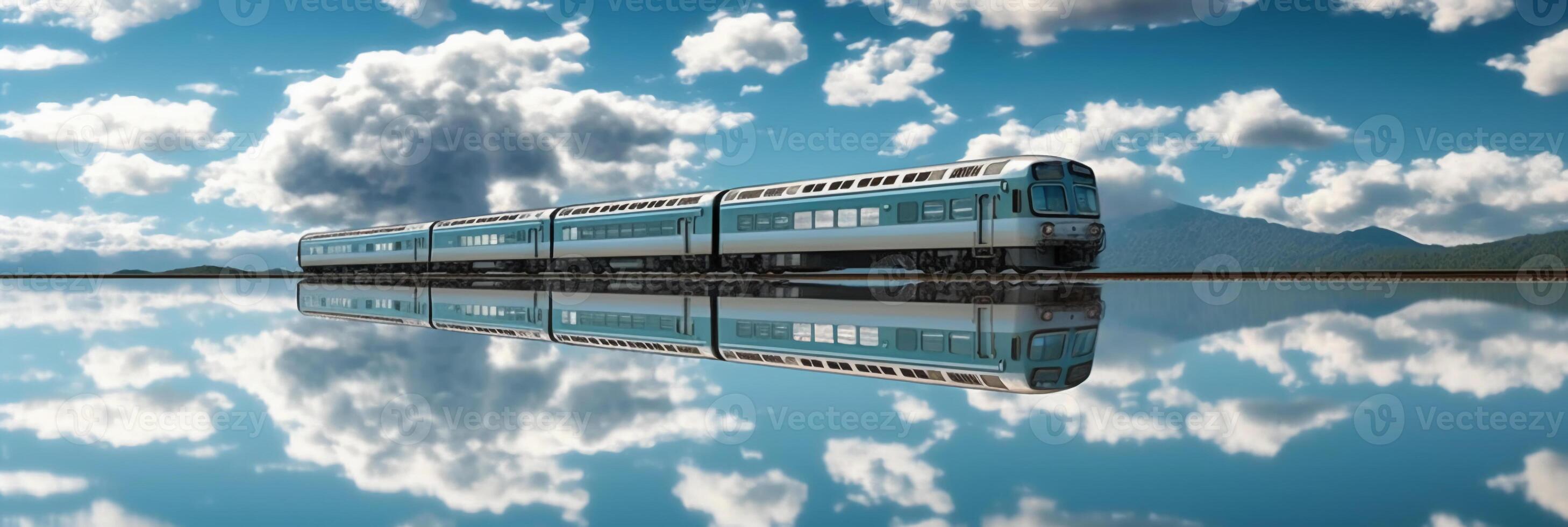 A train is traveling on lake, water surface reflects the sky. photo