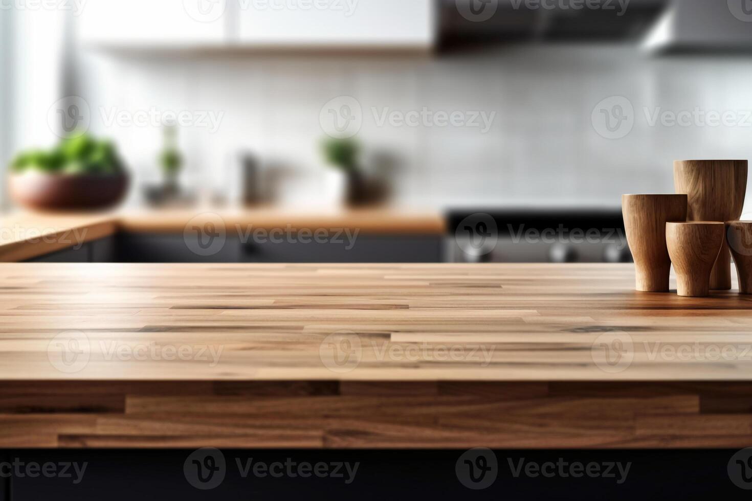 de madera mesa parte superior en difuminar cocina habitación antecedentes. ai generativo foto