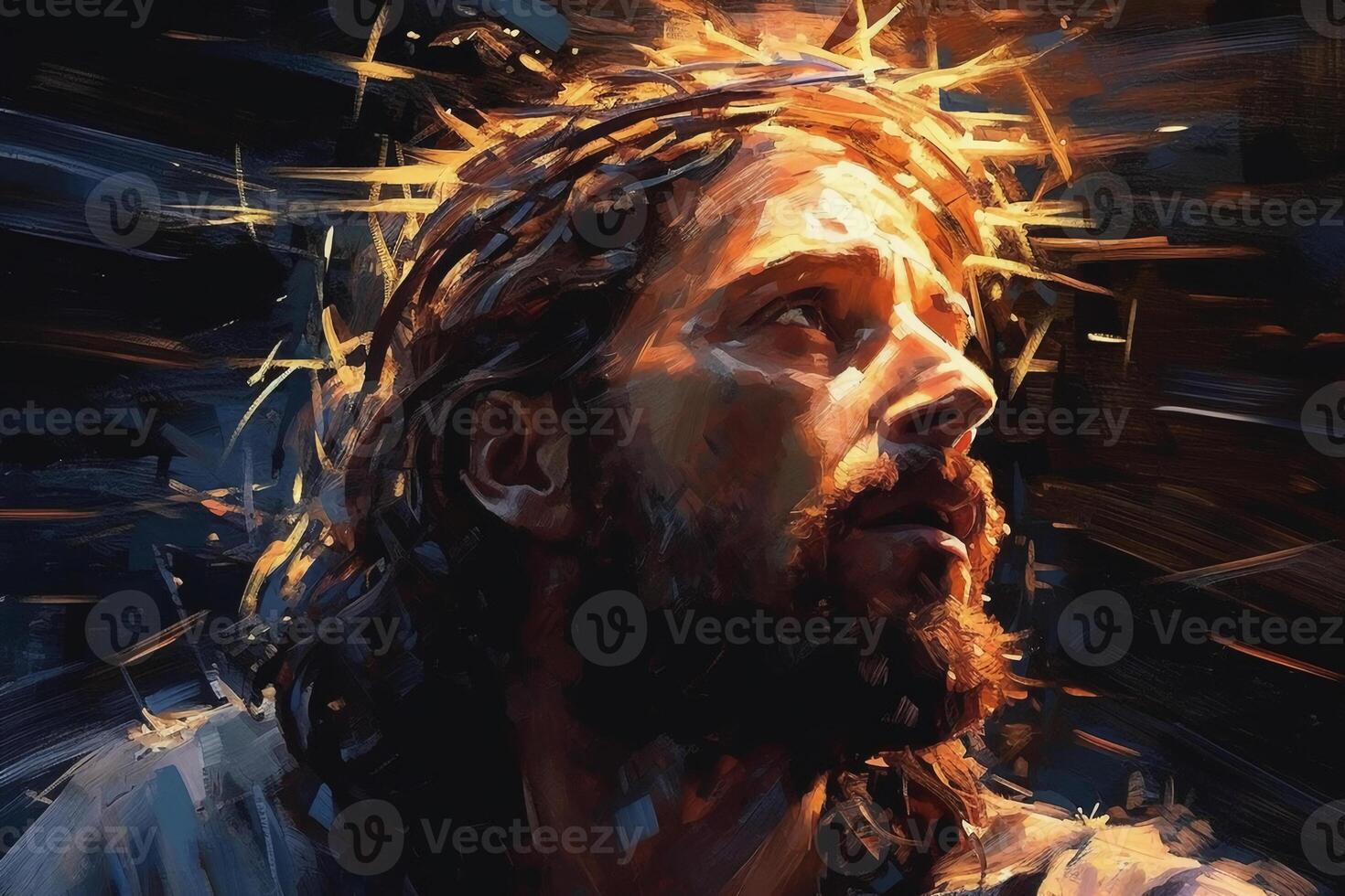 Jesus with a crown of thorns surrounded by glowing light Palette knife drawing. photo