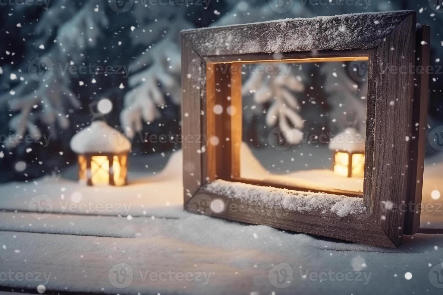 Winter Christmas snowy frame with copy space. Wooden light boards are covered with snow with clean free empty space for text. photo