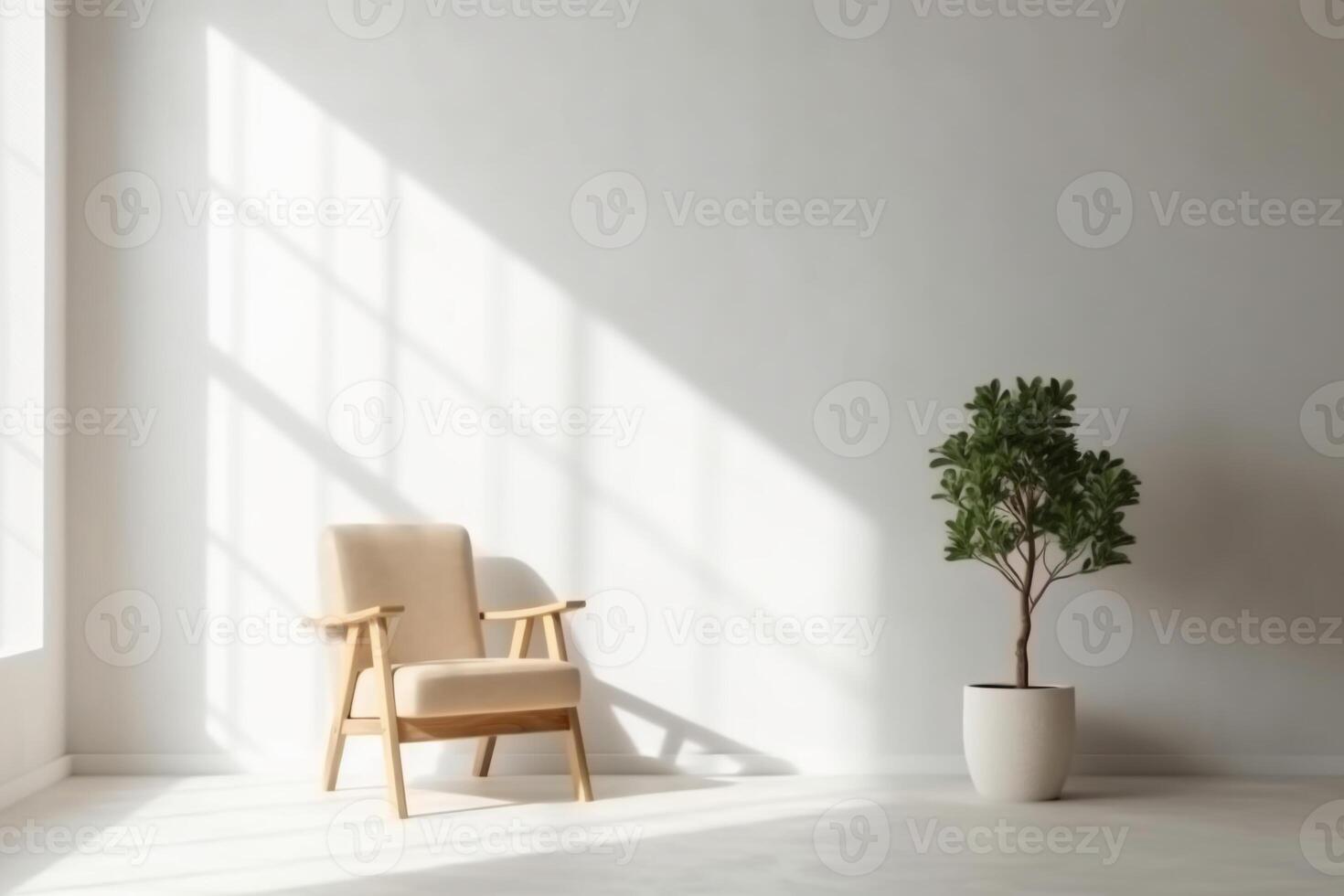 Modern minimalist interior with an armchair on empty white color wall background. photo