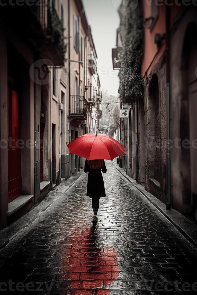 Red umbrella in hand of woman walking on a colorless street. photo