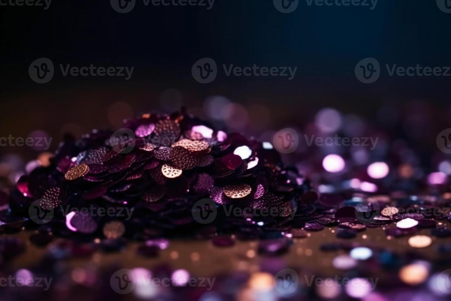 Sparkling Glitter abstract background dark purple saturated color, de - focused, macro. Sequins fall and sparkle, round bokeh. photo