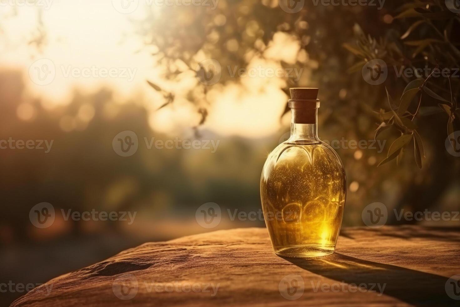 Golden olive oil bottle on wooden table olive field in morning sunshine. photo