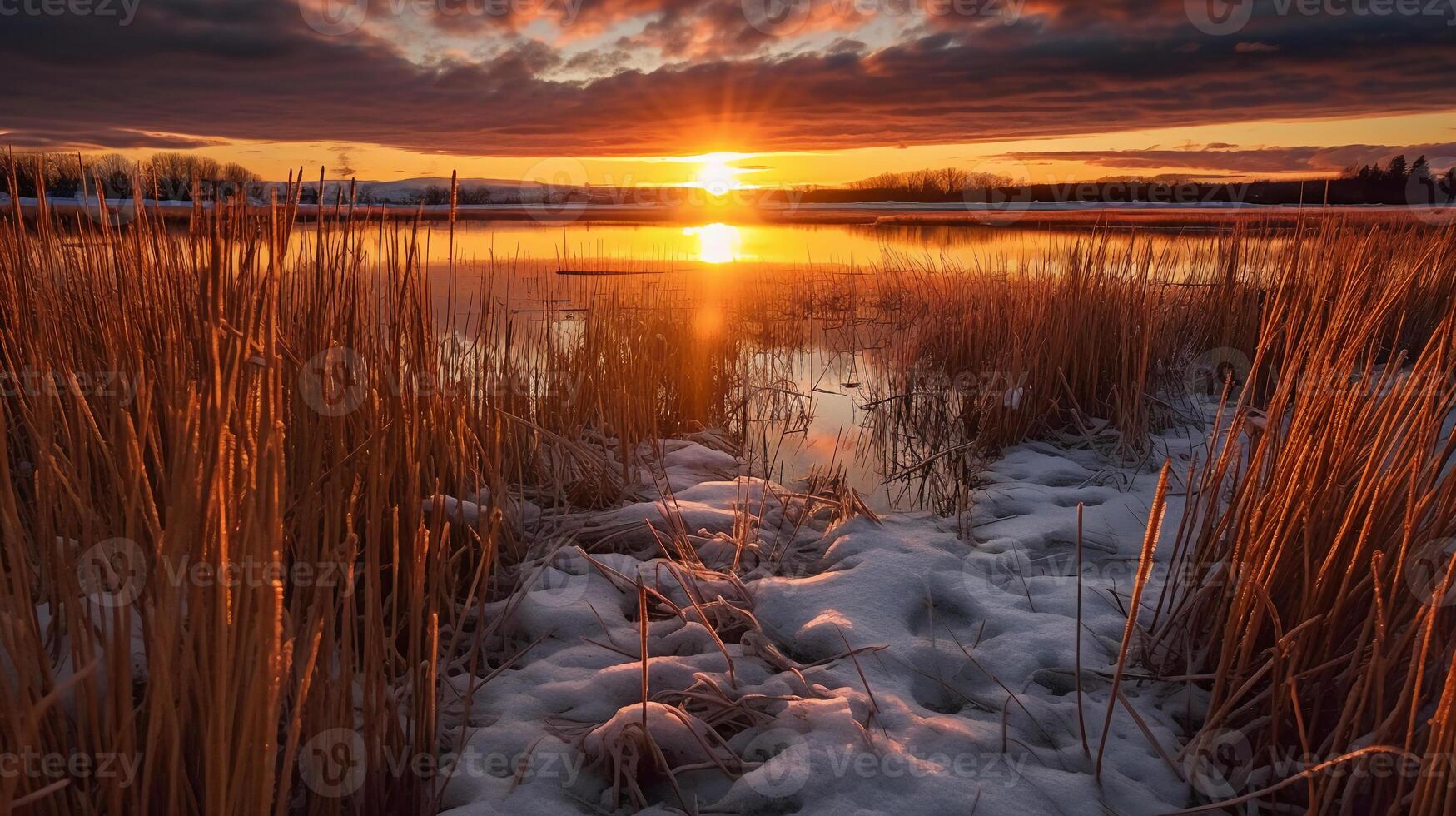 Sunset above the reeds at the edge of the lake. photo