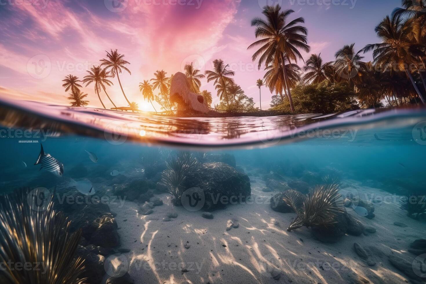 Photograph of beautiful inviting beach scene with pink sunset sky. photo