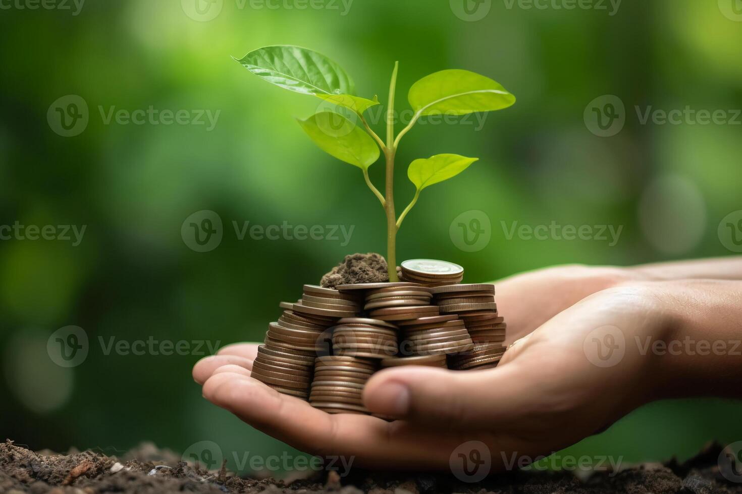 cerca arriba de masculino mano apilado monedas con verde bokeh antecedentes. ai generativo foto