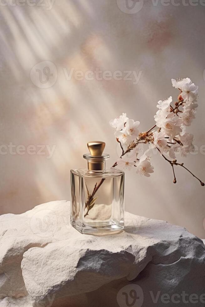 Still life photography, transparent perfume bottle in the center, stones, branches, flowers. photo