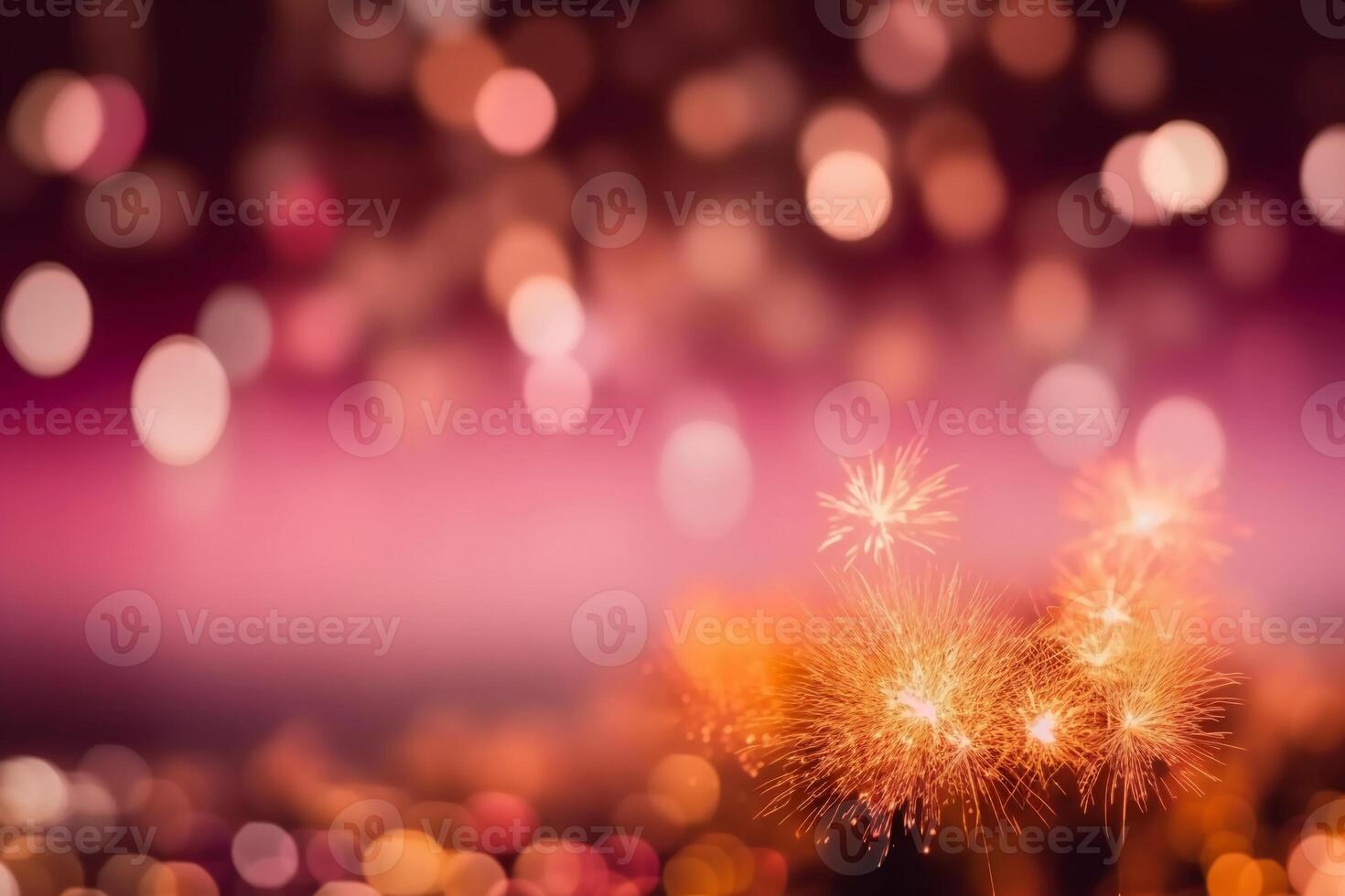 Gold and pink Fireworks and bokeh in New Year eve and copy space. Abstract background holiday. photo