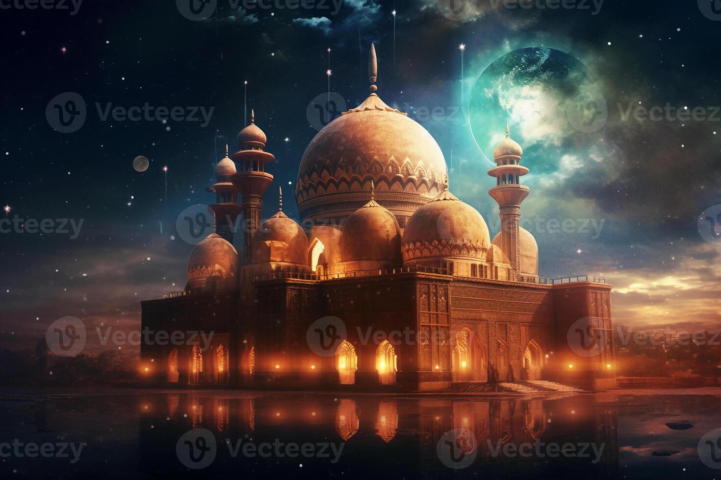 The mosque, Kareem lantern, Blurred star in night sky background, Eid al adha concept. photo
