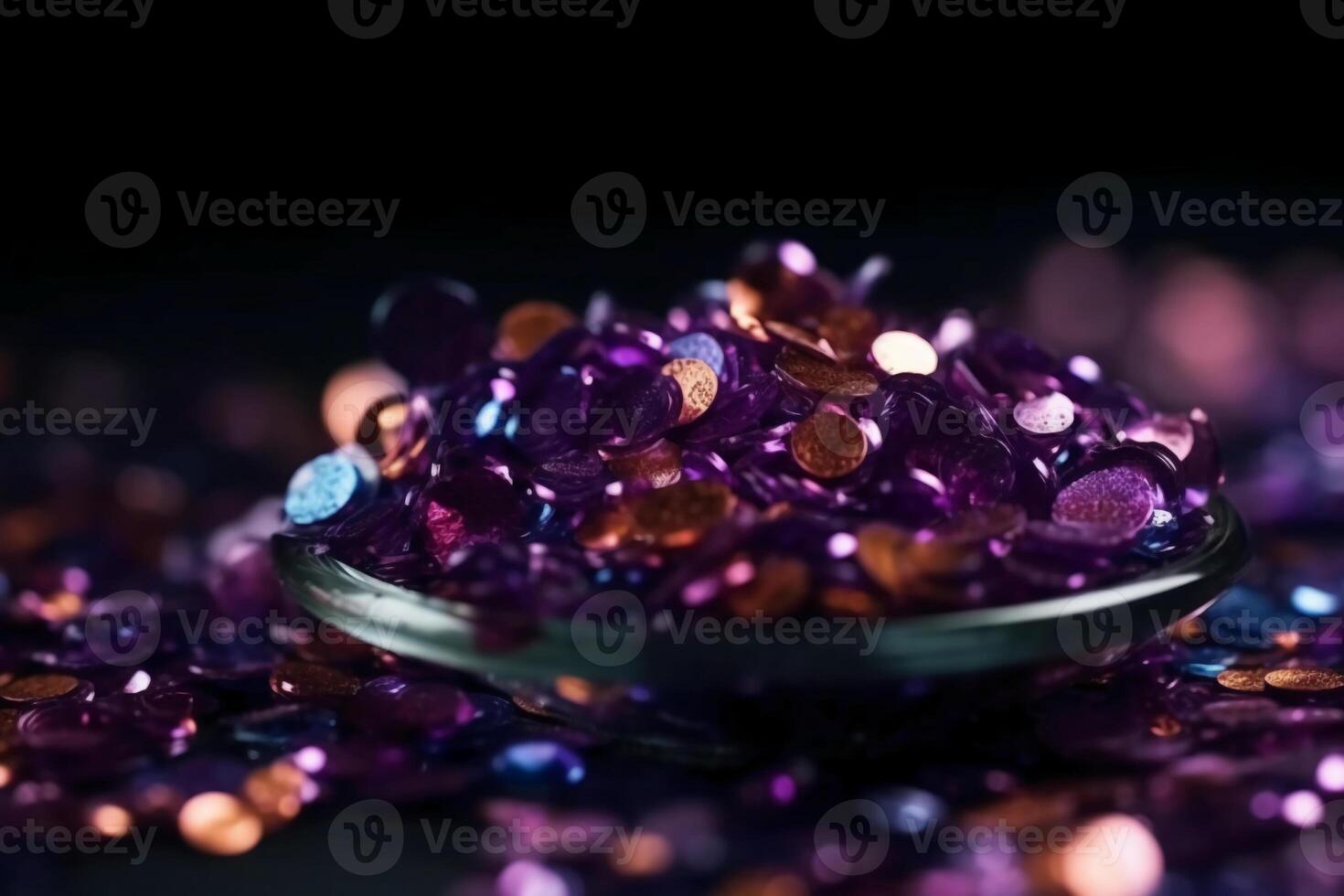 Sparkling Glitter abstract background dark purple saturated color, de - focused, macro. Sequins fall and sparkle, round bokeh. photo