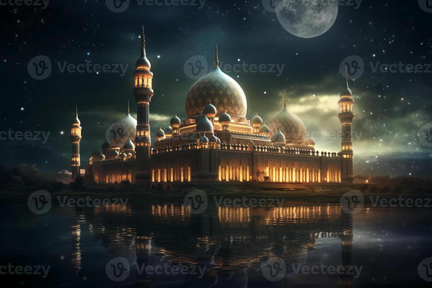 The mosque, Kareem lantern, Blurred star in night sky background, Eid al adha concept. photo