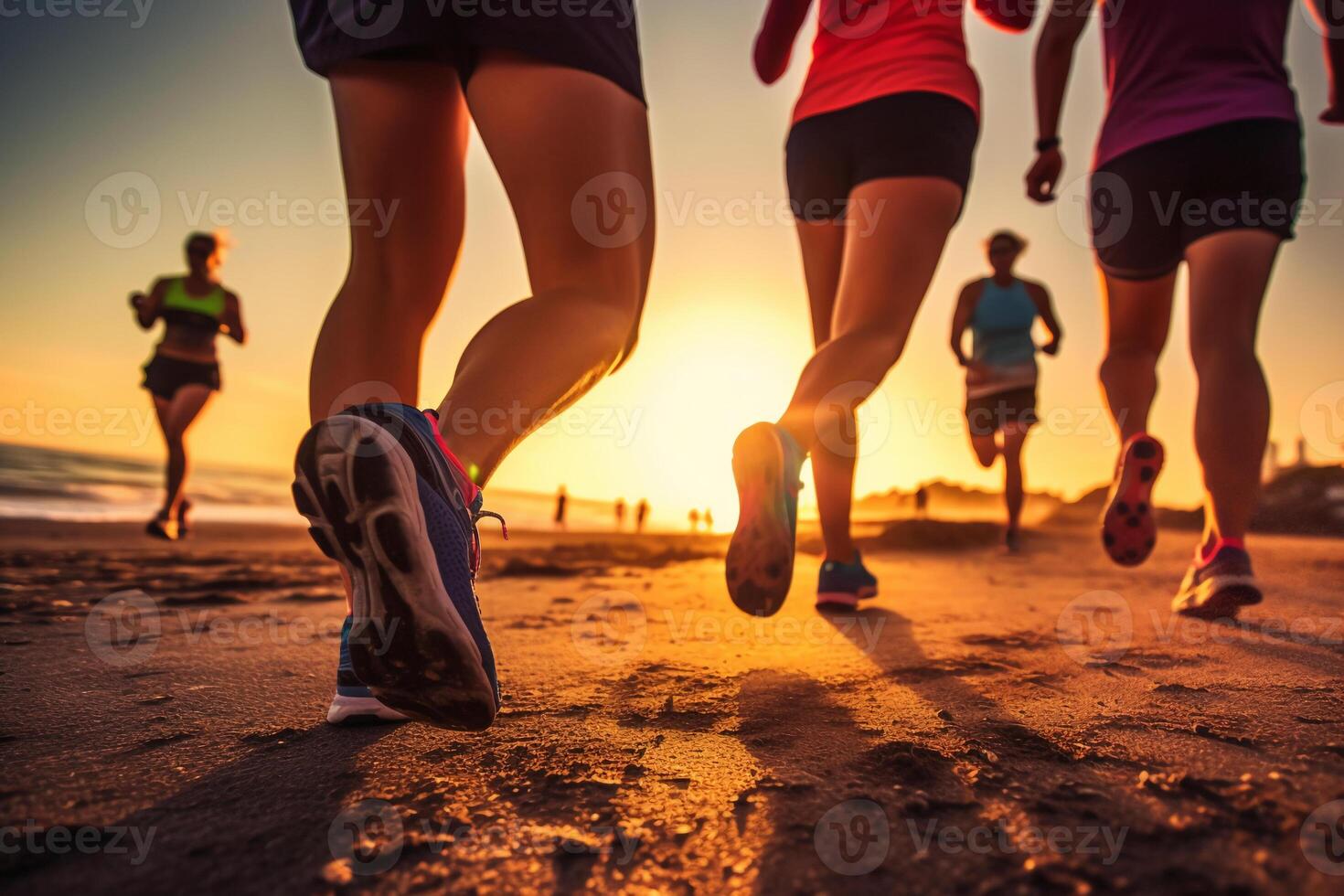 cerca arriba piernas corredor grupo corriendo en amanecer playa camino. ai generativo foto