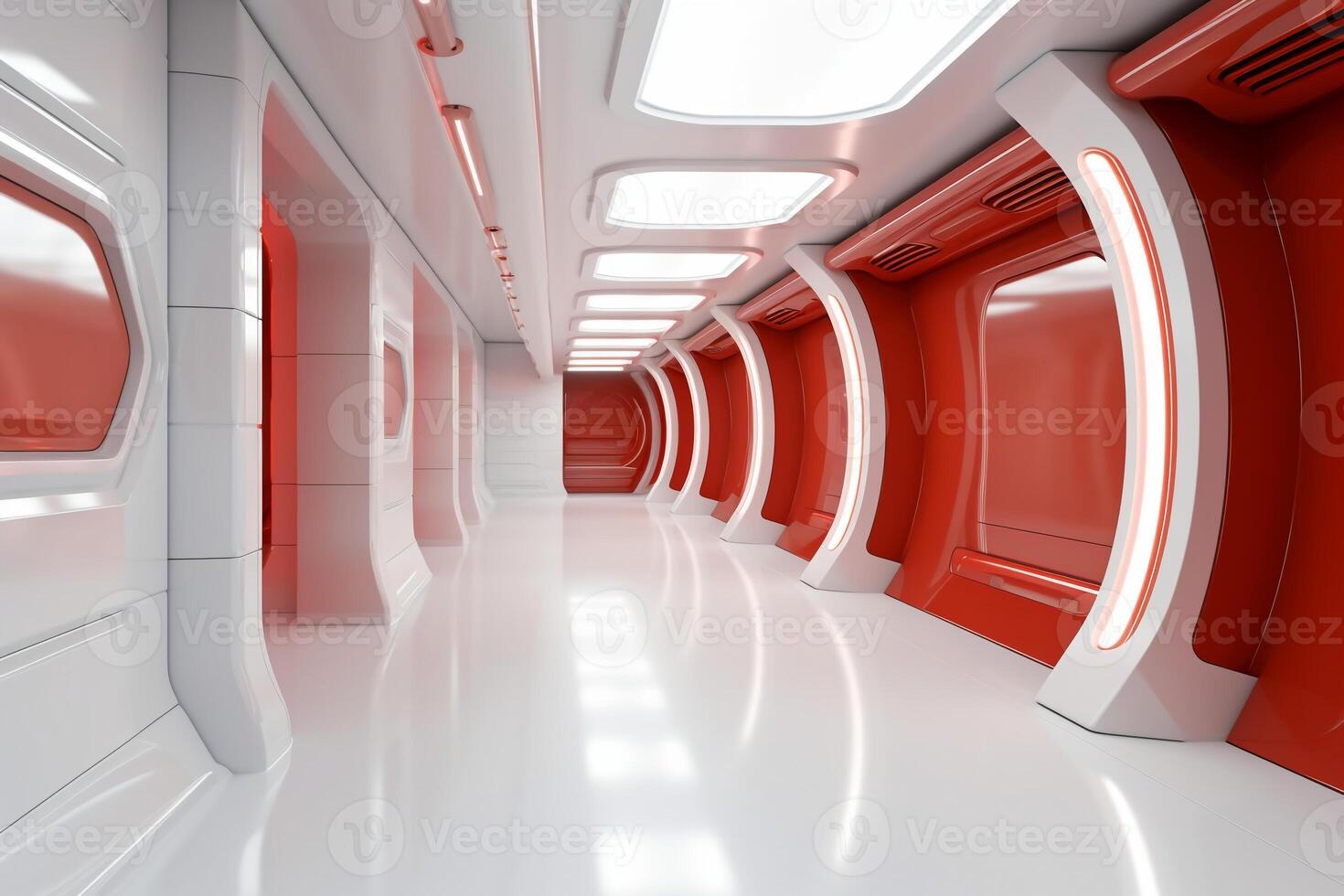 futurista antecedentes Ciencias ficción interior blanco pared y rojo ligero arquitectura corredor,. ai generativo foto