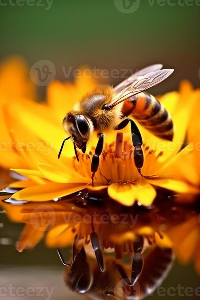 Bee sitting next to yellow flower and drop. photo